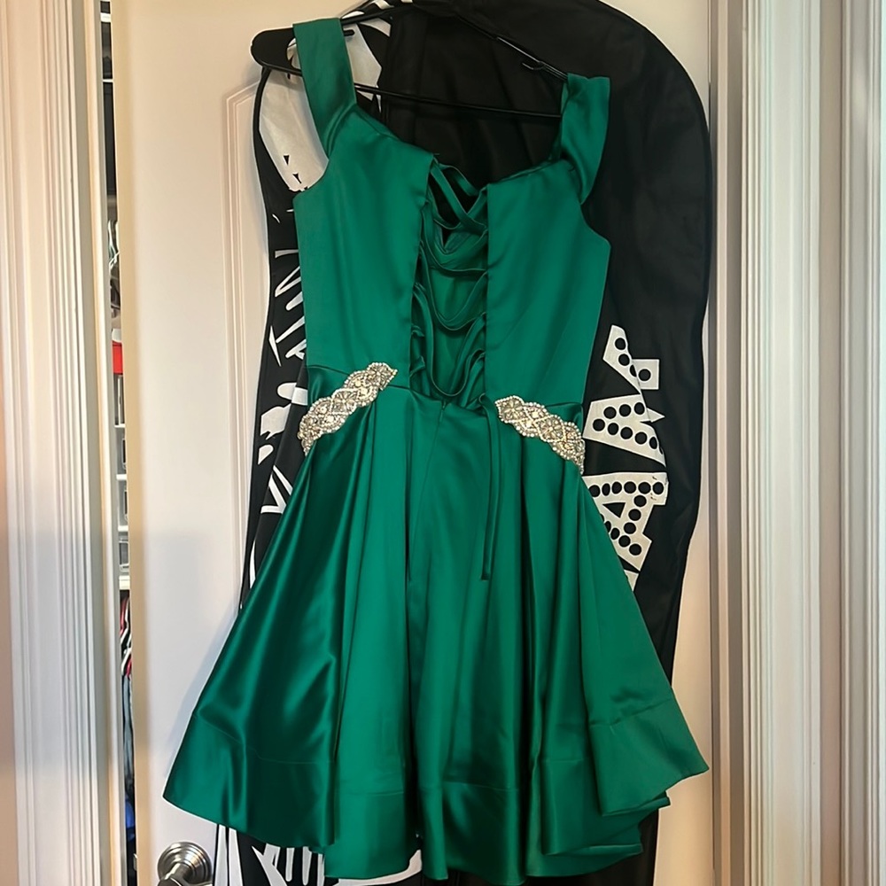 Christmas dance or prom dress emerald green with an added diamond belt